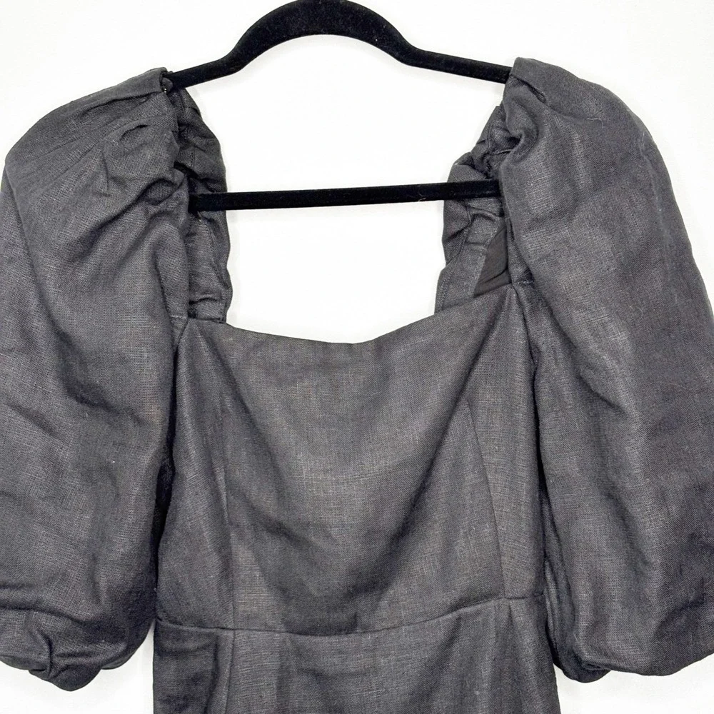 Sezane Editions Armida Dress Size 36/4 Black Linen Puff Sleeve Tie Back Mini - Picture 4 of 15